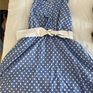 Blue and White Polka Dot Sleeveless Women’s Plus Size Dress with White Belt